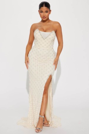 Cream Fashion Nova Aurelia Embellished Maxi Women Dress USA | 256419VGN