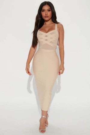 Cream Fashion Nova Cassidy Bandage Midi Women Dress USA | 840152KZY