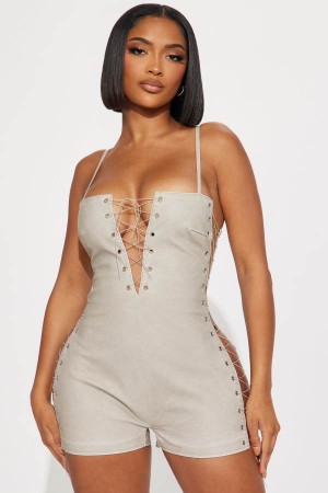 Cream Fashion Nova Cream Of The Top Faux Leather Romper Women Tops USA | 268403XUQ