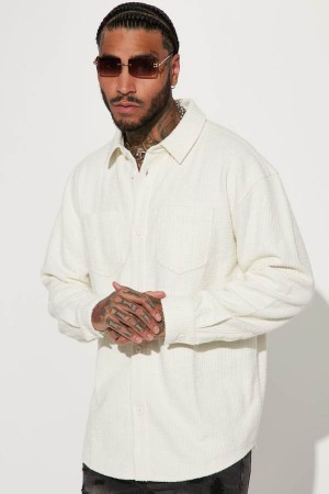 Cream Fashion Nova Dean Textured Long Sleeve Button Up Men Shirts USA | 046981UNS