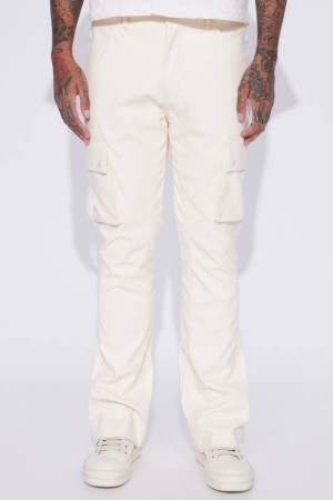 Cream Fashion Nova Finest Faux Leather Cargo Flare Men Pants USA | 502638HLZ