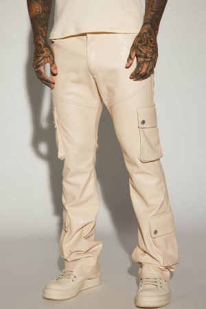 Cream Fashion Nova Name Of Love Faux Leather Stacked Slim Flare Men Pants USA | 430819XHG