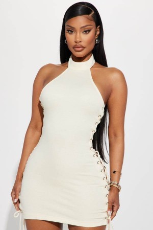 Cream Fashion Nova Steph Lace Up Mini Women Dress USA | 095817CGJ