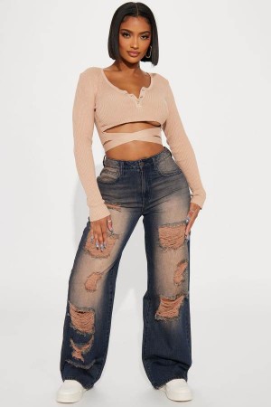 Dark Brown Fashion Nova The Dalston Ripped Tinted Non Stretch Women Jeans USA | 521487NJL