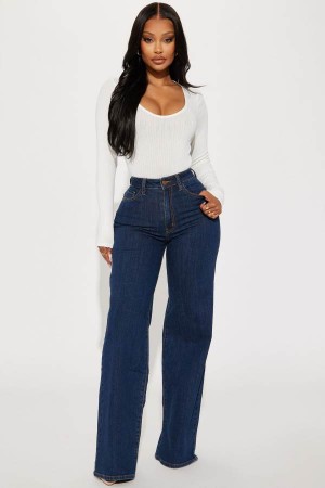 Dark Wash Fashion Nova Chasing Thrills Stretch Wide Leg Women Jeans USA | 861759MNR