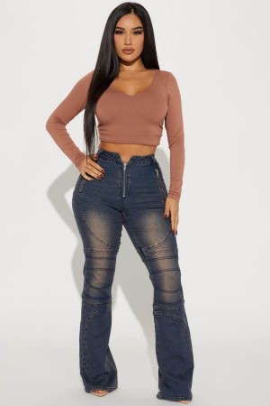 Dark Wash Fashion Nova Down To Ride Stretch Moto Flare Women Jeans USA | 120379SFD