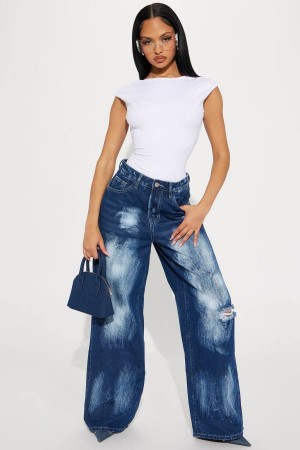 Dark Wash Fashion Nova Driven Drop Waist Baggy Women Jeans USA | 504276CKY