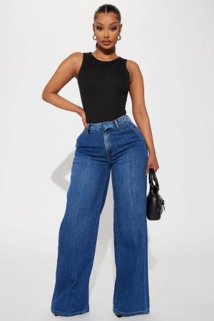 Dark Wash Fashion Nova Finly Flowy Trouser Women Jeans USA | 745306JDF