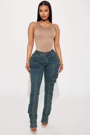 Dark Wash Fashion Nova Good Form Cargo Slim Straight Leg Women Jeans USA | 142609VYQ