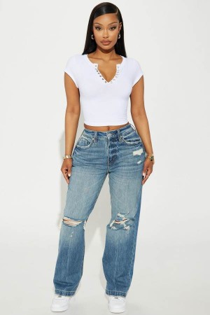 Dark Wash Fashion Nova I Said So Ripped Straight Leg Women Jeans USA | 305492DJF