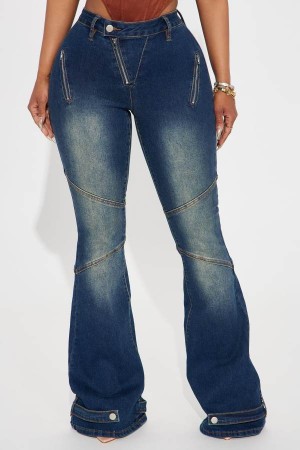 Dark Wash Fashion Nova Let Me Introduce You Stretch Moto Flare Women Jeans USA | 631205QBF