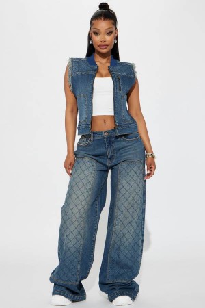 Dark Wash Fashion Nova Midnight Streets Quilted Wide Leg Utility Women Jeans USA | 591830CPY