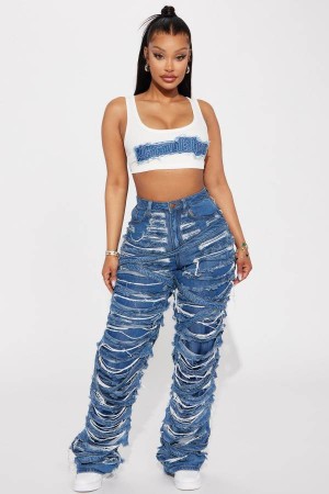 Dark Wash Fashion Nova Never Low Key Shredded Straight Leg Women Jeans USA | 035281SVP