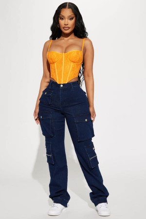 Dark Wash Fashion Nova Out Of My Way Stretch Cargo Women Jeans USA | 648973UIT