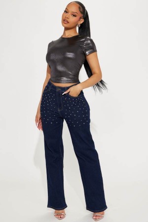 Dark Wash Fashion Nova Sparkle And Shine Stretch Straight Leg Women Jeans USA | 476518AWO