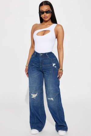 Dark Wash Fashion Nova Star Factor Straight Leg Women Jeans USA | 637528MZU