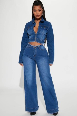 Dark Wash Fashion Nova Superficial Cut-Off Waistband Wide Leg Women Jeans USA | 862739QUY