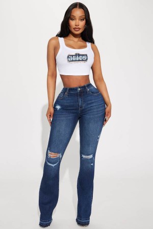 Dark Wash Fashion Nova Take No Chances Ripped Stretch Flare Women Jeans USA | 980732HEK