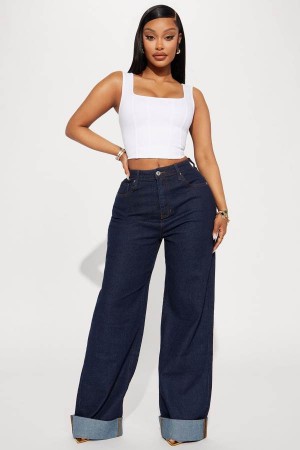 Dark Wash Fashion Nova The Audacity Cuffed Wide Leg Women Jeans USA | 137926APH