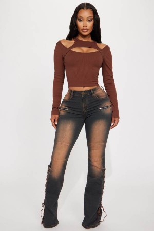 Dark Wash Fashion Nova Tongue Tied Tinted Flare Women Jeans USA | 917058RQK