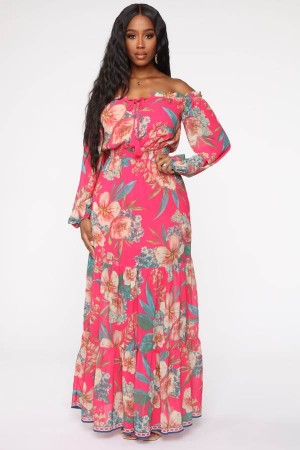 Fuchsia Fashion Nova Innocent Lies Floral Maxi Women Dress USA | 487539KCP