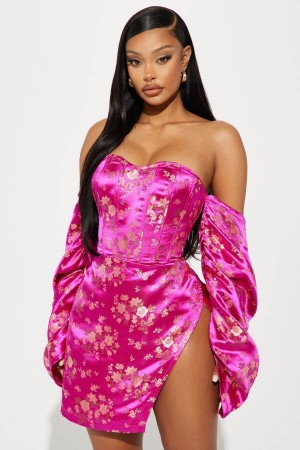 Fuchsia Fashion Nova Mikayla Brocade Mini Women Dress USA | 037569EMU