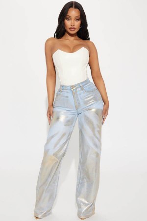 Gold Fashion Nova Gold Rush Metallic Stretch Baggy Women Jeans USA | 603541MJA