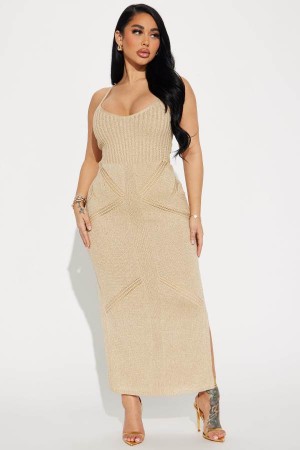 Gold Fashion Nova Ilana Metallic Knit Maxi Women Dress USA | 721935OAU