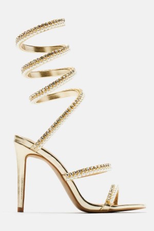 Gold Fashion Nova Maeve Embellished Pearl Wrap Up Women Heels USA | 318752BNY