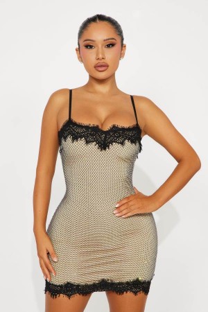 Gold Fashion Nova Midnight Glam Rhinestone Mesh Mini Women Dress USA | 170245UNZ