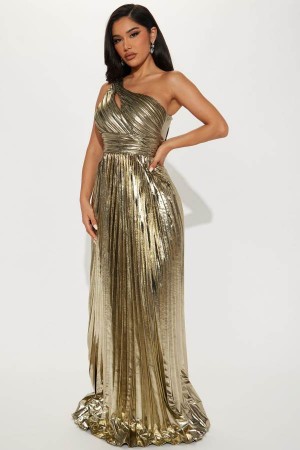 Gold Fashion Nova Serena Pleated Metallic Maxi Women Dress USA | 587640CKZ