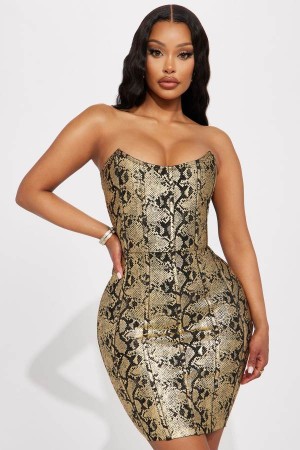 Gold / Black Fashion Nova Clarissa Bandage Mini Women Dress USA | 072985MVD