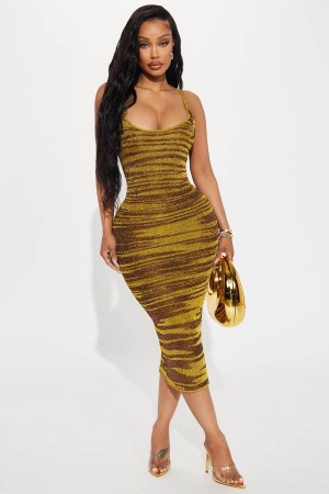 Gold / Brown Fashion Nova She's Electric Metallic Midi Women Dress USA | 187425CSU