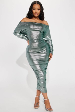 Green Fashion Nova Adeline Metallic Midi Women Dress USA | 402138LWM