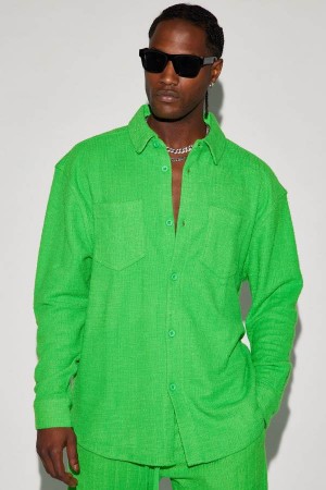 Green Fashion Nova Dean Textured Long Sleeve Button Up Men Shirts USA | 923058TEM