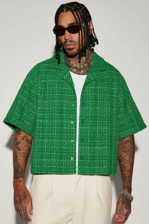 Green Fashion Nova Fenway Boucle Cropped Button Up Men Shirts USA | 082749XFK