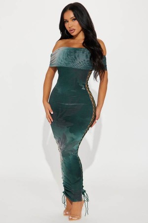 Green Fashion Nova Gina Off Shoulder Mesh Maxi Women Dress USA | 657013YGS