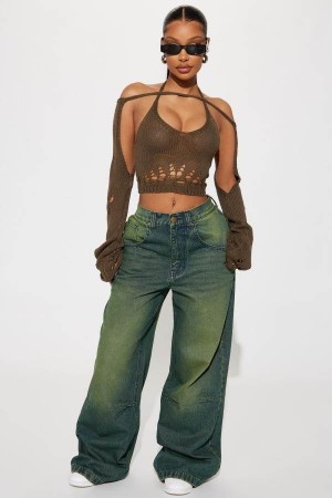 Green Fashion Nova Kennie Tinted Baggy Women Jeans USA | 153682PRW