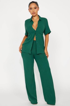 Green Fashion Nova Makenzie Short Sleeve Pant Set Women Pants USA | 294350RWJ