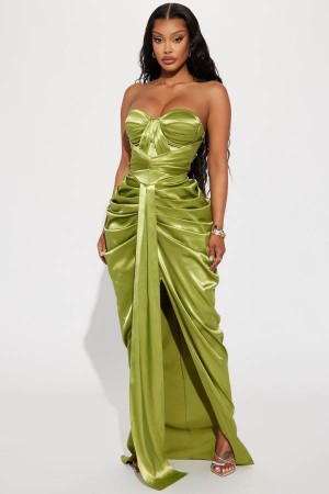 Green Fashion Nova Rebeka Satin Maxi Women Dress USA | 357942MLN