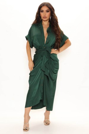 Green Fashion Nova Stuck In The City Satin Midi Women Dress USA | 830456BLX