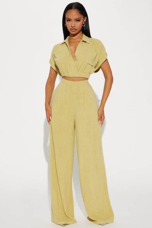 Green Yellow Fashion Nova Andrea Linen Pant Set Women Pants USA | 796053NVJ