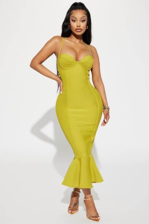 Green Yellow Fashion Nova Speak The Truth Bandage Midi Women Dress USA | 304561RKO