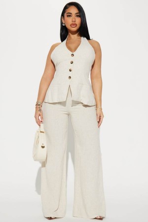 Grey Brown Fashion Nova Cece Linen Pant Set Women Pants USA | 869215BIP