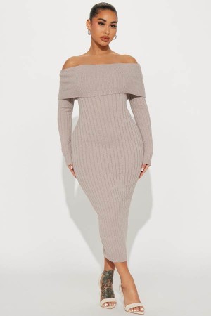 Grey Brown Fashion Nova Kassy Off Shoulder Midi Women Dress USA | 734928ETP