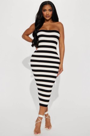 Grey Brown Fashion Nova Sandra Striped Midi Women Dress USA | 173928ZPT