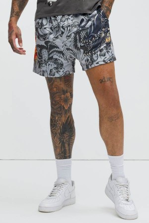 Grey Fashion Nova Ed Hardy Skull Panther Mesh Men Shorts USA | 716352KZJ