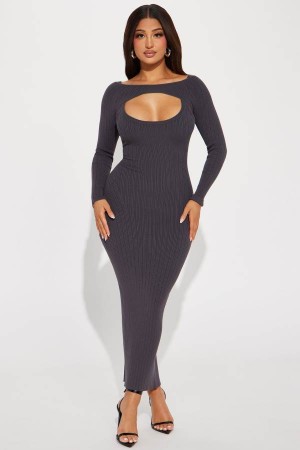 Grey Fashion Nova Nicolle Ribbed Maxi Women Dress USA | 982641OVF