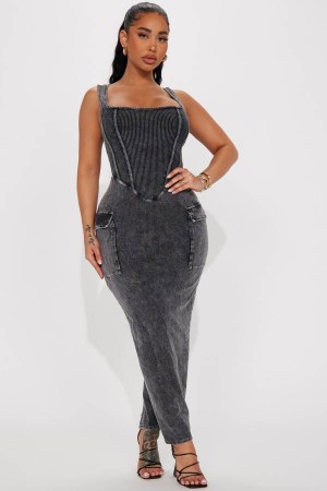 Grey Fashion Nova Pockets Full Mineral Wash Maxi Women Dress USA | 630495BFZ