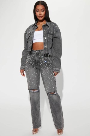 Grey Fashion Nova Razzle Dazzle Embellished Straight Leg Women Jeans USA | 569738YCT